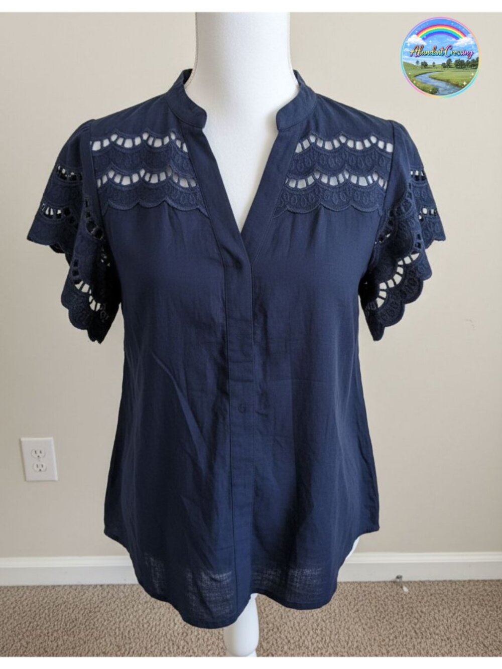 Cotton Linen Eyelet Blouse V-Neck Button Down Flowy Beach Vacation Top